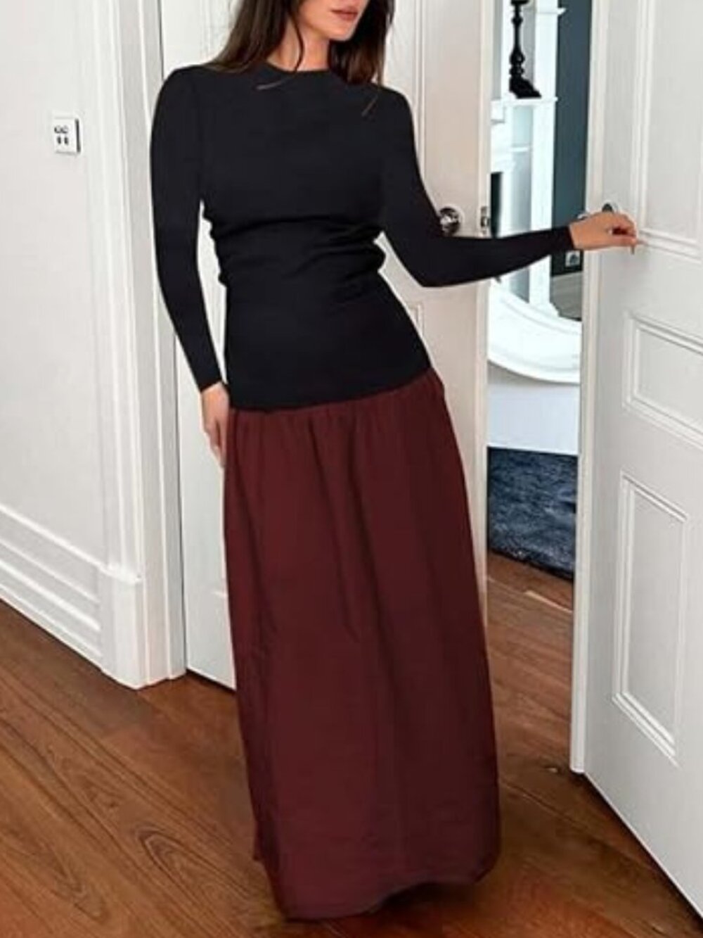 YOXUA Women's Long Sleeve Patchwork A-Line Long Maxi Dress Fall Winter Beach Max